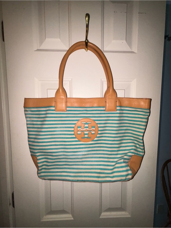 Tory Burch Handbags - Tory Burch Turquoise and White Striped Canvas Tote with Tan Leather Trim